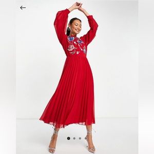 ASOS DESIGN red high neck pleated skater long sleeve midi dress with embroidery
